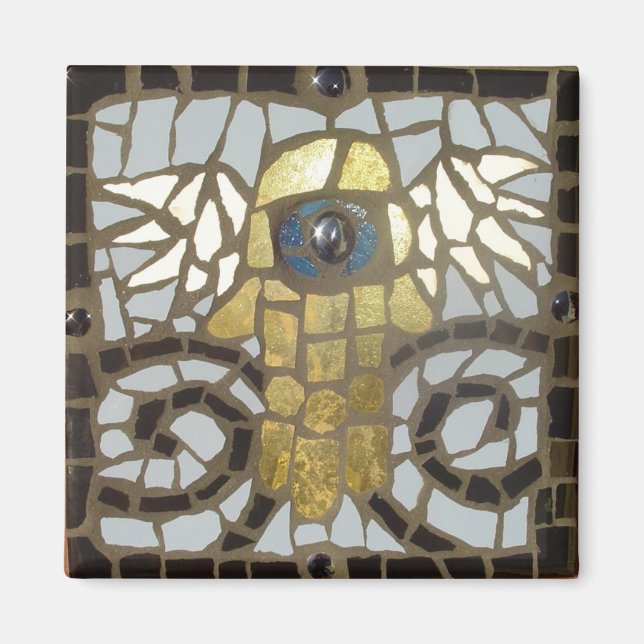 Imã Winged Hamsa Dourado com Olho Azul (Frente)