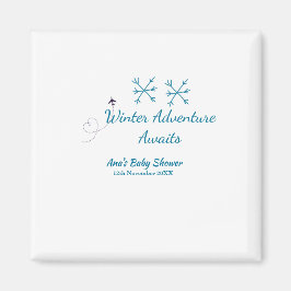 Imã Winter Adventure awaits baby shower blue snowflake