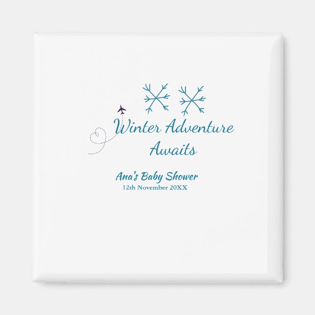 Imã Winter Adventure awaits baby shower blue snowflake (Frente)