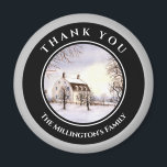 Imã Winter in New England Christmas Black Gray Circle<br><div class="desc">Watercolor painting of a winter scene in New England, a quiet day when the snow has just fell into the ground. Quite picturesque and peaceful. The design has black circle frame around it with personalized texts on the top and lower side. Customizable in Zazzle with your own text for a...</div>