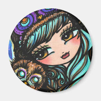 Imã Winter Owl Snow Forest Hat Girl Fantasy Art