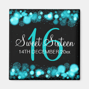 Imã Winter Sweet 16 Birthday Turquoise Bokeh Lights