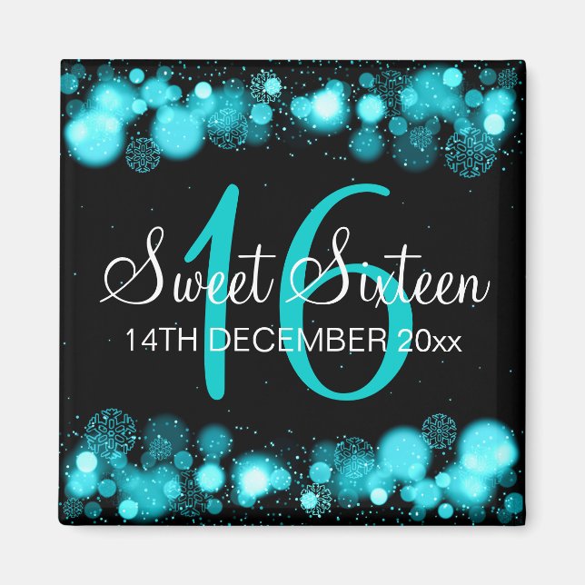 Imã Winter Sweet 16 Birthday Turquoise Bokeh Lights (Frente)