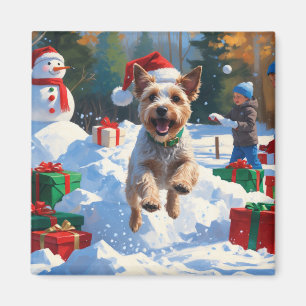 Imã Wire Fox Terrier Correndo na Neve com Chapéu de Na