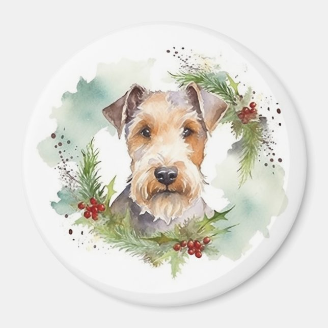 Imã Wirefox Terrier Wreath de Natal Festivo Pup (Frente)