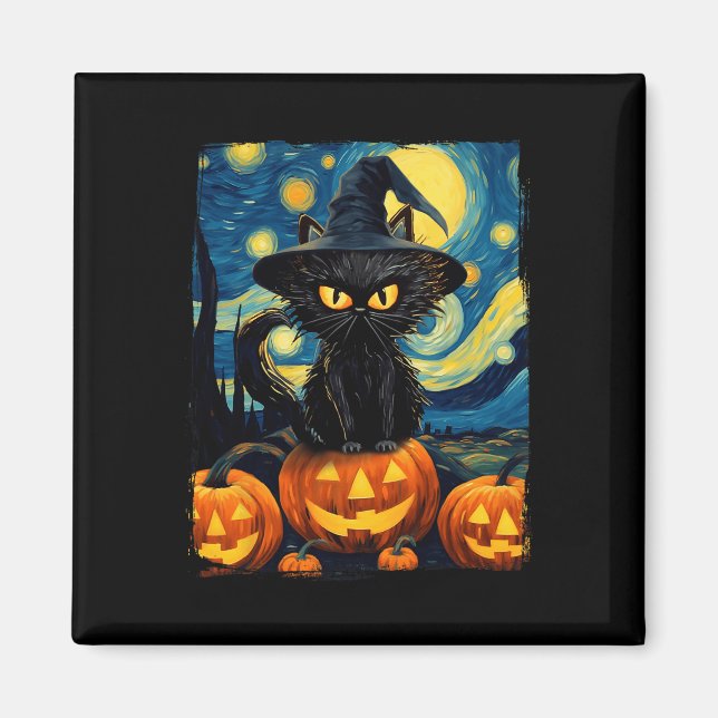 Imã Witry Cat Starry Night Van Gogh Retro Halloween Ca (Frente)