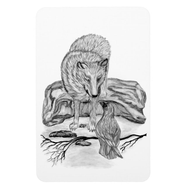 Ímã Wolf e Raven design preto e branco (Vertical)