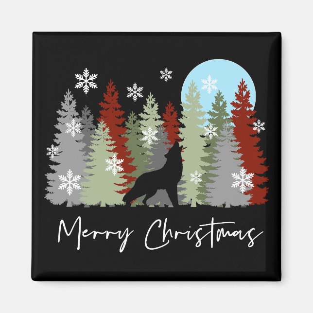 Imã Wolf Howling Na Floresta Feliz Árvores De Natal (Frente)