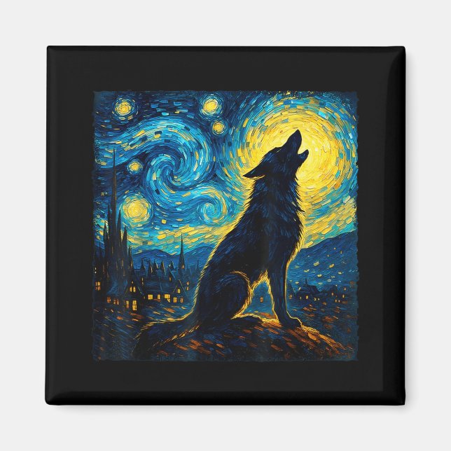 Imã Wolf Starry Night Howling Moon Engraçado Presente  (Frente)