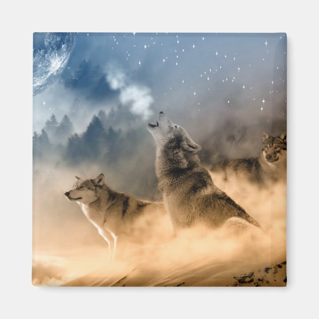Imã Wolfs Howl em uma Noite Fria Foggy Starry Fall (Frente)