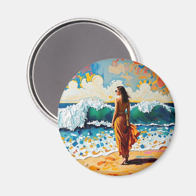 Imã Woman on Beach Abstract Seaside Art (Front/Back)