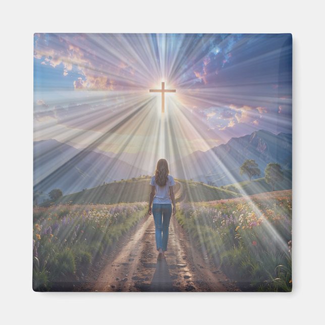 Imã Woman Walking Toward Glowing Cross – Faith Journey (Frente)