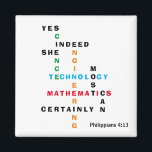 Imã Women In STEM Crossword<br><div class="desc">Women In STEM Crossword magnet. YES INDEED SHE CAN STEM magnet includes CUSTOMIZABLE Christian Bible verse. This inspirational STEM magnet shows the words SCIENCE, TECHNOLOGY, ENGINEERING and MATHEMATICS - aka STEM - combined in an original crossword design with the motivational inspirational quote YES INDEED SHE MOST CERTAINLY CAN. The colors...</div>