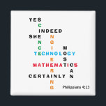 Imã Women In STEM Crossword<br><div class="desc">Women In STEM Crossword magnet. YES INDEED SHE CAN STEM magnet includes CUSTOMIZABLE Christian Bible verse. This inspirational STEM magnet shows the words SCIENCE, TECHNOLOGY, ENGINEERING and MATHEMATICS - aka STEM - combined in an original crossword design with the motivational inspirational quote YES INDEED SHE MOST CERTAINLY CAN. The colors...</div>