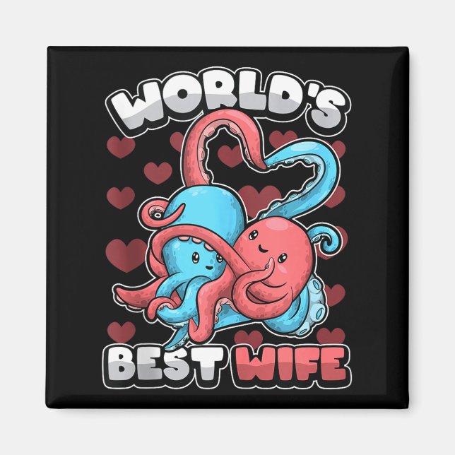 Imã World's Wife Cute Kawaii Octopus Heart Cute Couple (Frente)