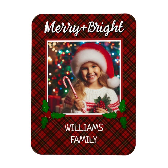 Ímã Xadrez de Tartan Vermelho Foto personalizada Natal (Vertical)
