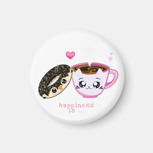 Imã xícara de café e rosquinha rosa kawaii   felicidad