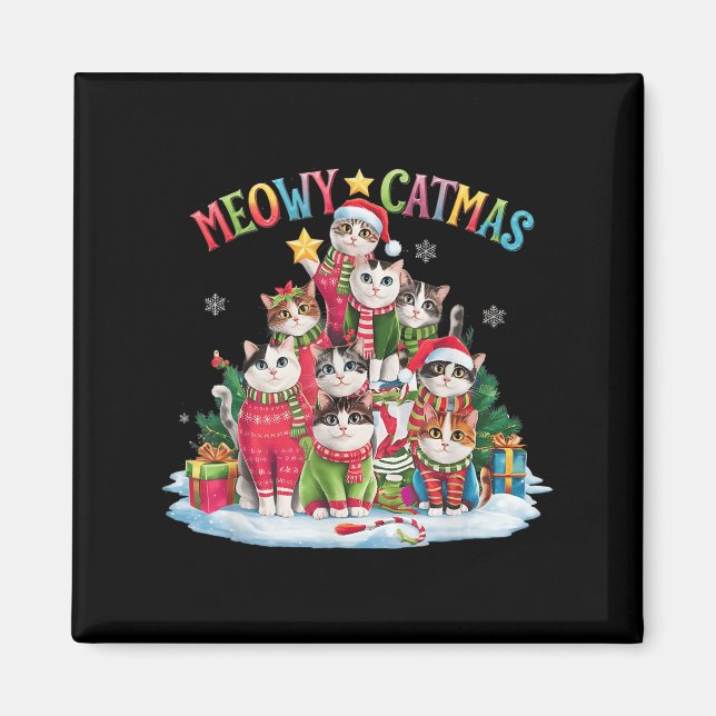 Imã Xmas Cat Lover Meowy Catmas Cat Tree Lig (Frente)