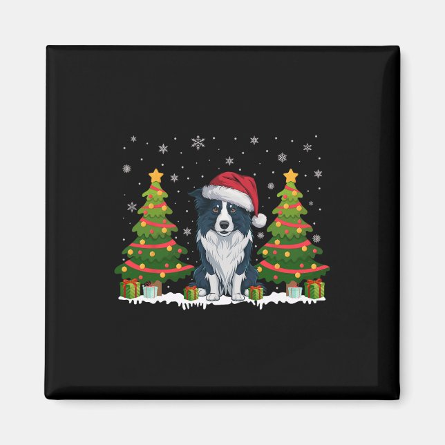 Imã Xmas Lights Border Collie Dog Santa Hat Natal (Frente)