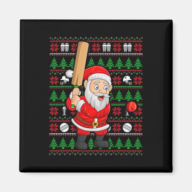 Imã Xmas Ugly Sweater Style Santa Playing Cricket Chri (Frente)