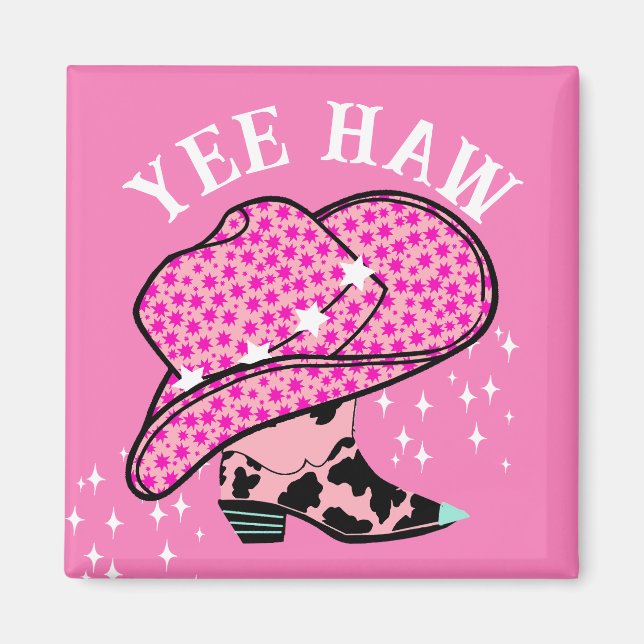 Imã Yee Haw Pink Cowgirl Rodeo Hat Boot (Frente)
