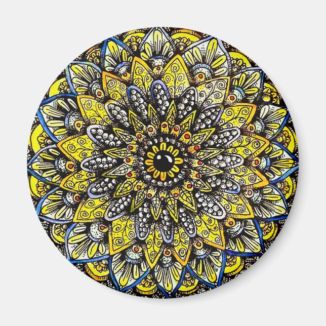 Imã Yellow Green Hand Drawn Mandala Design (Frente)