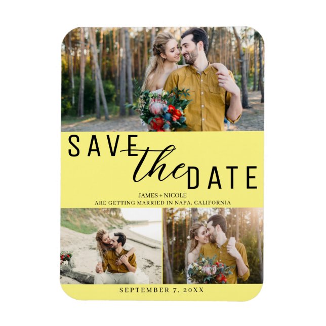 Ímã Yellow Save the Date Wedding 3 Fotos (Vertical)