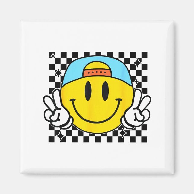 Imã Yellow Smile Face Cute Checkered Peace Smiling Hap (Frente)