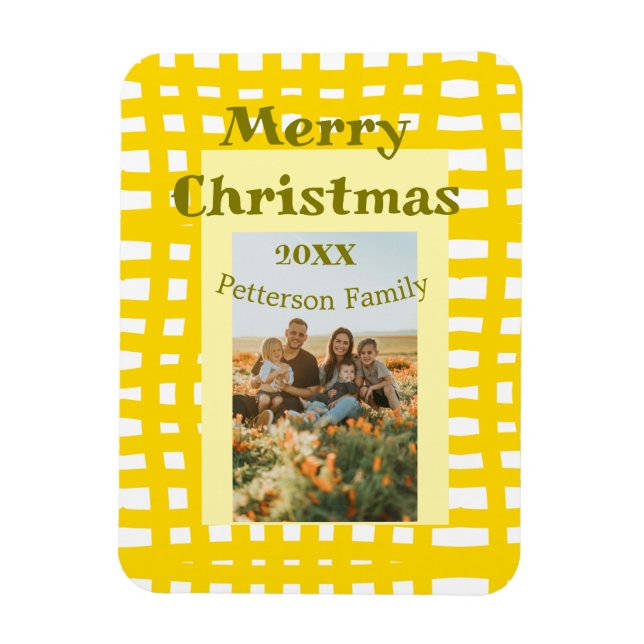 Ímã Yellow white plaid retro Christmas holiday family  (Vertical)