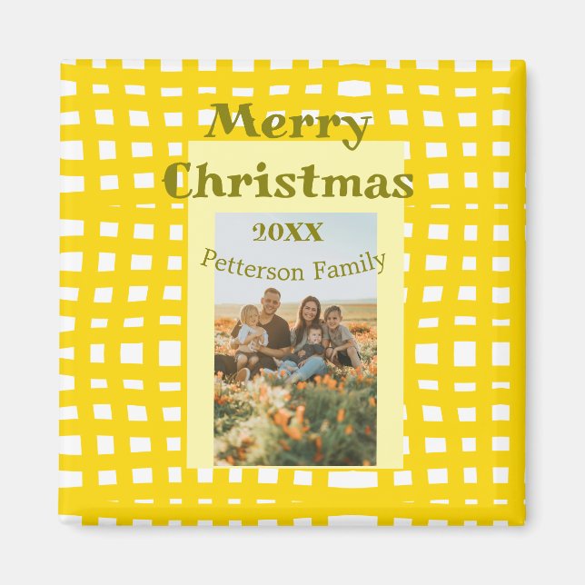 Imã Yellow white plaid retro Christmas holiday family  (Frente)