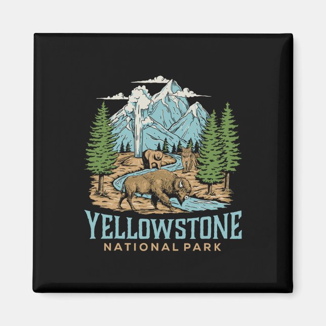 Imã Yellowstone USA National Park Wolf Bison Bear Vint (Frente)