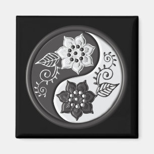 Imã Yin Yang Floral Preto e Prata