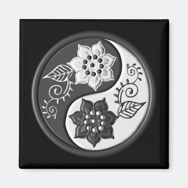 Imã Yin Yang Floral Preto e Prata (Frente)