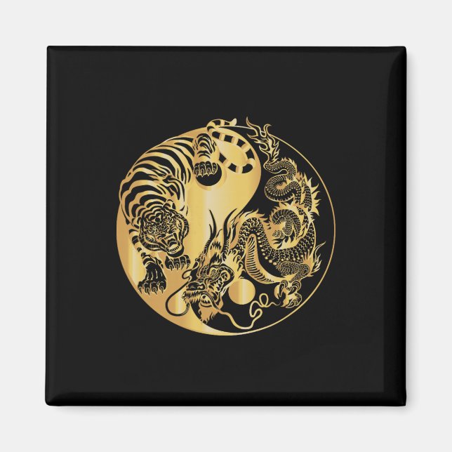 Imã Yin Yang Tigre Dragão Ouro  (Frente)