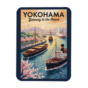 Ímã Yokohama Japão Ilustração Arte de Viagem Vintage