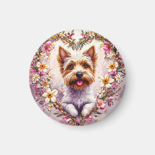 Imã Yorkie Adorável Rodeado por Grinalda Floral