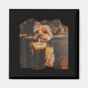 Imã Yorkie Engraçado Bebendo Café Gelado Meme de Cacho