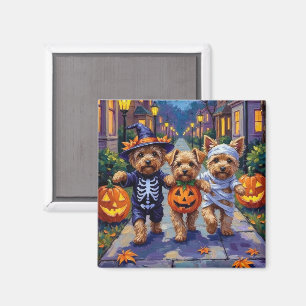 Imã Yorkipoo Pedindo Doces em Fantasias de Halloween