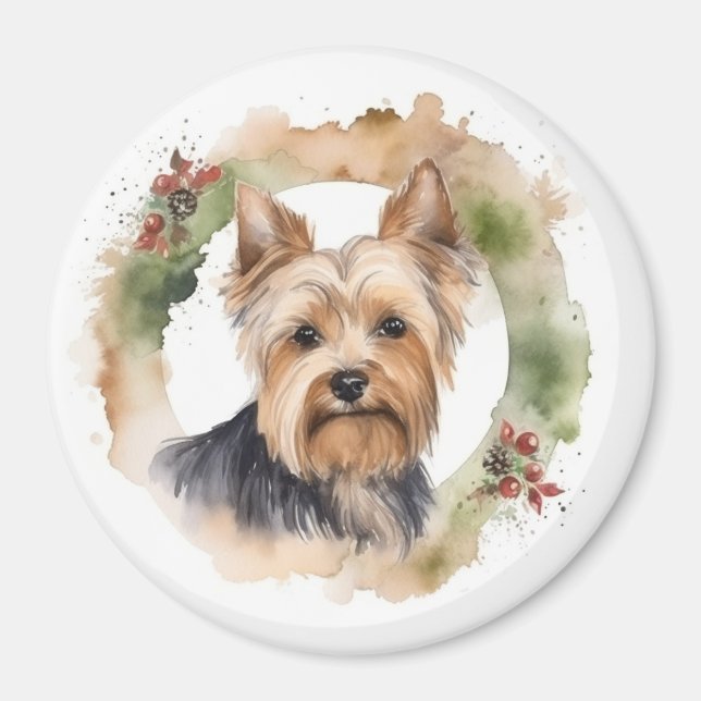 Imã Yorkshire Terrier Christmas Wreath Festivo Pup (Frente)
