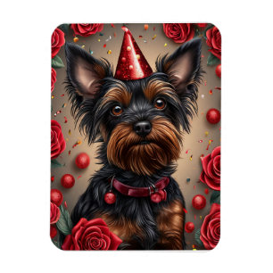 Ímã Yorkshire Terrier de Aniversário Usando Chapéu de