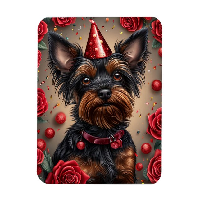 Ímã Yorkshire Terrier de Aniversário Usando Chapéu de  (Vertical)