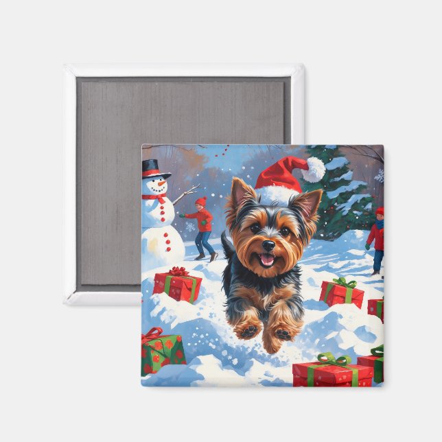 Imã Yorkshire Terrier em neve com chapéu de Natal (Front/Back)