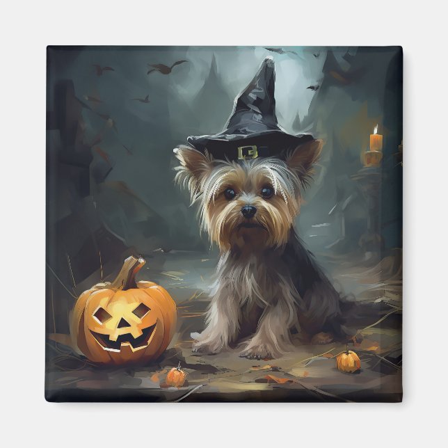 Imã Yorkshire Terrier Pumpkins Halloween Scary (Frente)