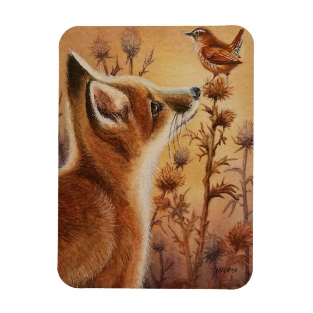 Ímã Young Red Fox Carolina Wren Bird Watercolor Art (Vertical)