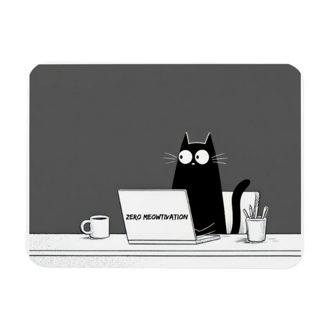 Ímã Zero Meowtivation Cat – Funny Lazy Work Cartoon (Horizontal)