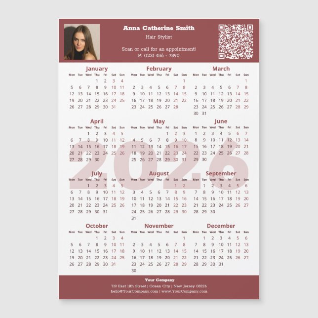 Image QR-code Burgundy White 2026 Calendar Magnet (Frente)