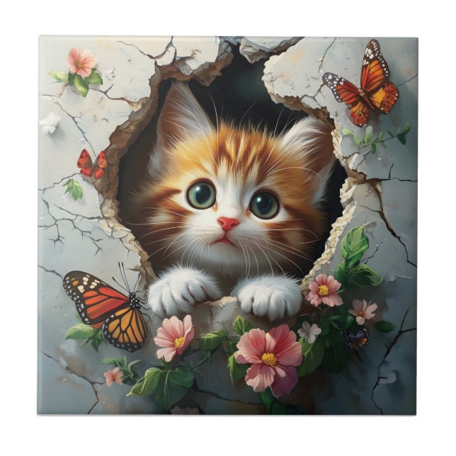 Imagem 3D de um gatinho fofo espiando (Frente)