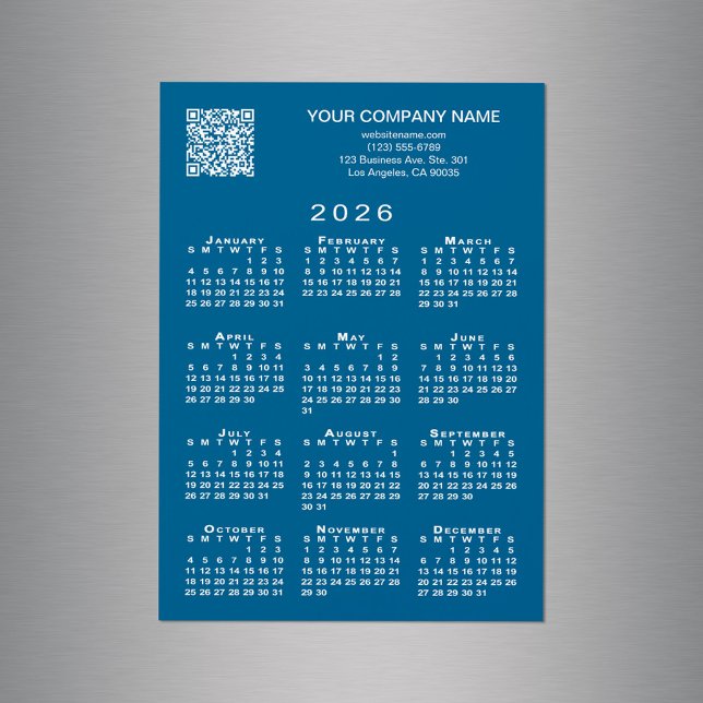 Imagem Azul do Calendário do Código QR 2026 da Emp (Custom Business QR Code 2026 Calendar Blue Magnet in situ)