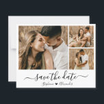 Imagem de Caligrafia Imobiliária do Orçamento Salv<br><div class="desc">Cartões salve a data de Colagem de Fotografias Modernas e Elegantes em preto-e-branco. Este romântico e delicado design perfeito para o casamento moderno. Possui 3 (três) colagem de fotos em grade, uma caligrafia caprichosa em letra maiúscula com coroa com coração amoroso. É fácil personalizá-lo com seus detalhes e fotos do...</div>