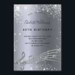 Imagem de convite para notas de prata de aniversár<br><div class="desc">Uma placa de convite de festas moderna e moderna e o lembrete Save the Date. Um fundo escuro,  azul,  prateado,  com notas musicais,  letras negras coloridas. Decorado com pó de brilho falso. Personalize e adicione um nome e informações da parte.</div>